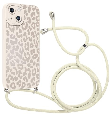 Coalbooliy Handyband Handyhülle für iPhone 14 Hülle 6,1'' mit Band Kette, Aesthetic Leo Leopard Leoprint Muster Silikon Weiß Case mit Kordel zum umhängen Stoßfest Schutzhülle Mädchen Cover, 03