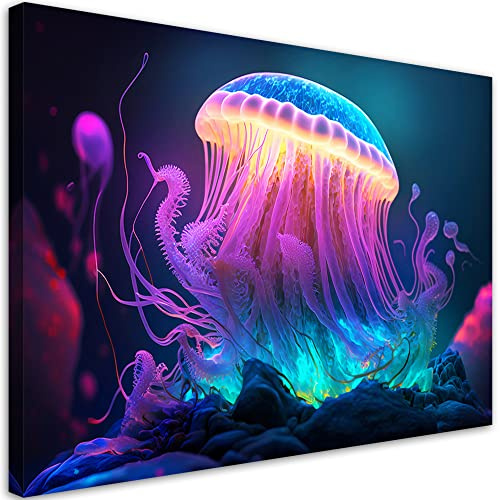 Feeby Bilder Neon Qualle Wasser 100x70 cm 1 tlg Modern Leinwandbilder Bild auf Leinwand Kunstdruck Wand Bild Wanddeko Design Schlafzimmer Büro Flur Hotel Spa Wohnzimmer Meer Tier Natur mehrfarbig