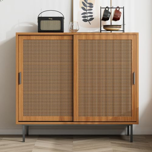 Merax Sideboard – Stabiler Kommodenschrank mit Rattan-Schiebetüren, 50 kg Tragkraft, Walnuss, 100 cm – Praktischer Aufbewahrungsschrank für Wohnzimmer oder Küche