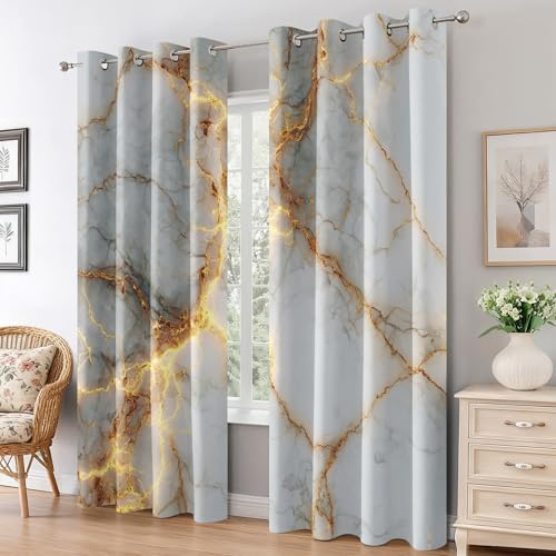 Generisch Weiß Gold Marmor Vorhänge Wohnzimmer, Vorhang Blickdicht Moderne Abstrakte Kunst Gardinen mit Ösen Schlafzimmer, Thermo Verdunklungsvorhänge 2er Set H245 x B140 cm pw&33