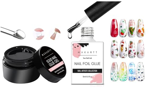 Makartt Nail Foil Glue & Solid Nail Glue Gel Set – 15ml Foil Transfer Gel for Nail Stickers & 15ml 3-in-1 Solid Nail Glue for Press On Nails, Rhinestones & 3D Nail Art, UV LED Lamp Required