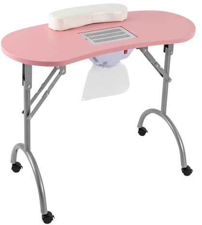 HazLope Table de Manucure, Table Onglerie Professionnelle avec Aspirateur Intégré, Table Pliante Transportable sur roulettes avec Repose-Main et Sac, Plateau 90x40cm MDF Rose pour Salon Esthétique