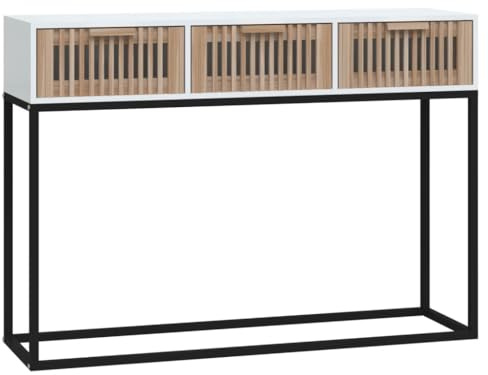 Fengshui Table console blanche 105 x 30 x 75 cm en bois et fer | 3 tiroirs, plateau de table stable, pieds en métal, support mural inclus, instructions de montage (français non garanti)
