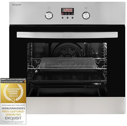 Exquisit EBE 65-1H Einbaubackofen | 58 Liter Backofenvolumen | Heißluft | Timer | versenkbare Knebel | Edelstahl