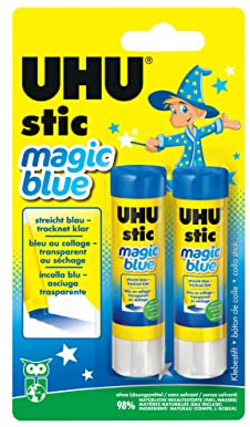 UHU Stic Magic blue - Bâtons de colle sans solvants, idéal apprentissage, bleue au collage et transparente au séchage, lot 2 stics de 8,2g