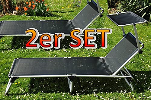Liege, 2 x Klappliege, groß, bequem, stabil, 6-fach-verstellbare PREMIUM Sonnenliegen mit Sonnendach, 2x Strandliege, 2x Gartenliege mit Dach, extrem wetterfest, klappbar, tragbar, seewasserfest, große Liegefläche ca. 195 x 62 cm, Textilene-Aluminium, Alu mit Sonnenschutzdach, Dreibeinliege faltbar, anthrazit-metallic silber, Strandliegen, Sonnenliegen, Liegestühle, Gartenstühle, Picknickliegen, Gartenmöbel Holz, Feldbetten
