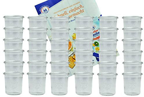 MamboCat 36er Set Weckgläser Sturzglas 140 ml I Original Weck Sturzglas Dessertglas I Einweckgläser für Kuchen Gelees UVM I Sturzgläser ohne Deckel inkl. Diamant-Zucker Gelierzauber Rezeptheft
