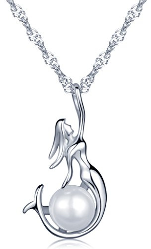 Unendlich U Fahion Meerjungfrau Wassernixe Seejungfrau Damen Halskette 925 Sterling Silber Perle Anhänger Kette mit Anhänger, Silber