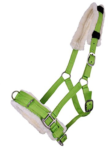 QHP Kappzaum / Halfter-Kombi Kunstfell Polsterung 3 Edelstahl D-Ringe (Warmblut, Lime)