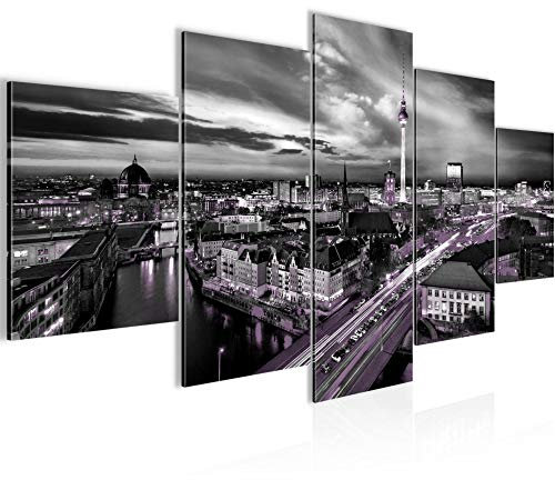 Runa Art - Bilder Berlin Skyline 200 x 100 cm 5 Teilig XXL Wanddekoration Design Schwarz Violett 004351c