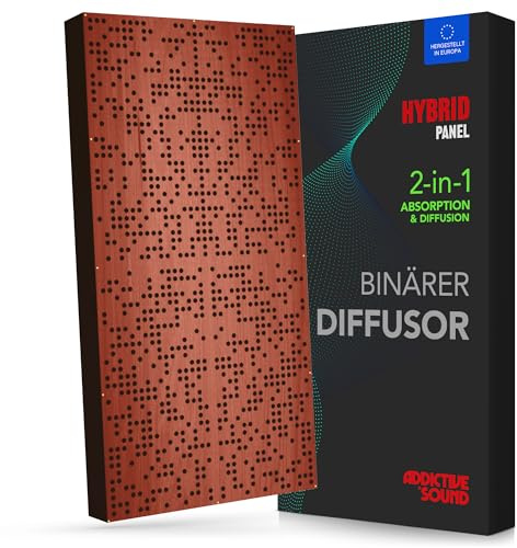 Addictive Sound Binärer Diffusor Hybrid Akustikpanel 120x60 cm, Mahogany | Holz-Diffusor & Absorber 2-in-1, 250-9300 Hz, CNC-gefräst, Made in EU, Montageset für Wand & Decke, 36 Monate Garantie
