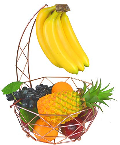 ChooSe Modern Rose Gold Fruit Bowl, 40 cm (W) x 28.5 cm (H), Stainless Steel, Rectangle, Banana Hanger, Fruit Storage and Display