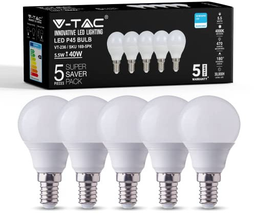 V-TAC E14 Golf Ball LED Light Bulb | P45 Small Screw SES 5.5 W (Replaces 40 W) E14 LED Bulb | 4000K Day White, Pack of 5