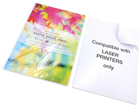 Evergreen Goods A4 White Matte Self-Adhesive Sticker Vinyl | 50 Sheets | Laser Printable ONLY | Suitable For Cutting Machines | Waterproof | Sticky Back