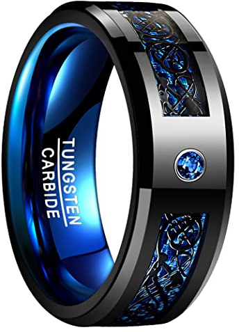 NUNCAD Herren keltischer Drachen Ring Schwarz Blau aus Wolframcarbid mit Zirkonia Ehering Partner Ring Größe 53 (16.9)