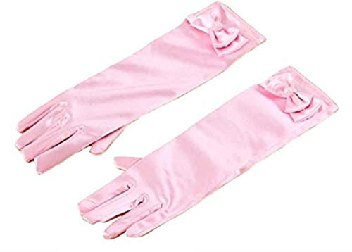 KIRALOVE Guanti damigella bambina fiocco raso laminati elasticizzati rosa perla idea regalo originale festa cerimonia elegante accessorio tenero dolce