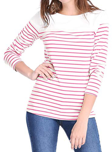 Allegra K Women's Long Sleeves Striped T Shirt Round Neck Cotton Causal Tops White Pink 8