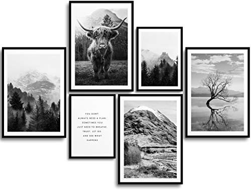MONOKO® Wohnzimmer Poster Set - Premium Bilder Set für Schlafzimmer - Stilvolle Wandbilder - 6er Set ohne Rahmen (Set Schwarz-Weiss, Natur, Highland Cow, 4X A4 | 2X A5)