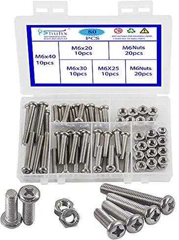 Rshuhx 80PCS M6 Schrauben und Muttern Set 304 Edelstahl Linsenkopfschraube Kreuz Runder Kopf Mechanische Schraube Pan Head Bolzen Maschinenschrauben mit Aufbewahrung Box