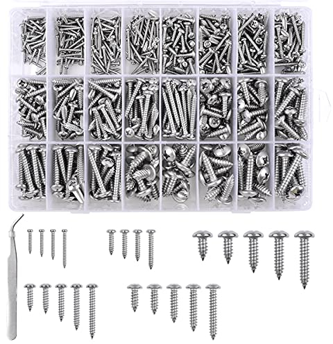 Loscrew 725Pcs M2 M3 M4 M5 M6 Phillips Cross Drive Self-Tapping Screws Kit, 23 Kinds of Size 304 Stainless Steel Self Tapping Round Head Tapping Screws for Wood Furniture or DIY(1Pc Tweezers)