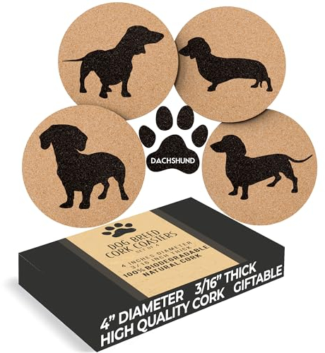 Korkuntersetzer für Dackel-Liebhaber, 4er-Set Hunde-Untersetzer mit schützendem Boden, Dackel-Dekor-Untersetzer für Getränke, tolle Geschenkidee für Dackelmütter und Väter