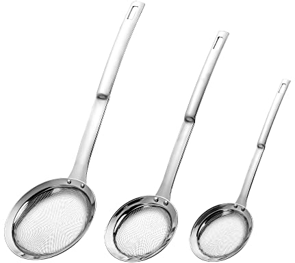 Hvanam Sieve Fine Mesh Strainer Set Stainless Steel Metal Flat Cooking Skimmer Ladle Colander With Handle Food Strainer Kitchen Tools For Kitchen Baking Oil Filter Flour Sifter Foam,L M Small 3Pack