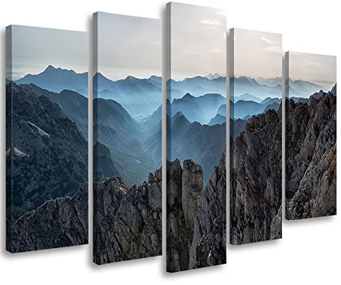 Feeby 5-teilig Vlies Leinwandbild 200x100 cm Felsen Berggipfel Berge Wanddeko Design Kunstdruck Zimmerdeko Bilderwand Himmel Grat Die Wolken Grau
