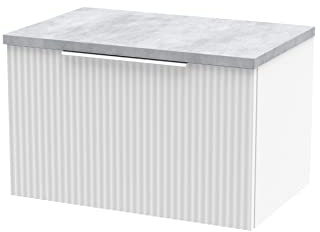 Hudson Reed DFF194LBG Fluted Modern Bathroom Wall Hung 1 Drawer Vanity Unit with Bellato Grey Laminate Worktop, 600mm, Satin White