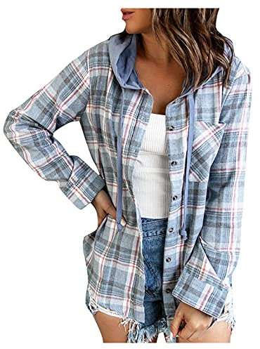 Générique Chemisier à Carreaux Chemise Femme Blouse Chic avec Bouton en Flanelle à Manches Longues Retroussée Style de Boyfriend Casual Veste Polaire avec Capuche (Bleu, L)