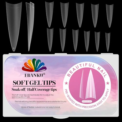 EBANKU 500 PCS Nail Tips, Soft Gel Half Cover Nail Tips for Gel Extensions Matte Clear for Soak Off Extensions Kit False Acrylic for DIY Art, 12 Sizes (Style A)