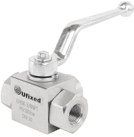 Ufixed Rostfreier 3/8 Zoll NPT 3-Wege-Hydraulik-Kugelhahn mit Griff, 7250 Psi auslaufsicher, robuster Hochdruck-Kugelhahn, Hochdruckreiniger-Pumpenteil, Absperrventil für hydraulische Werkzeuge und