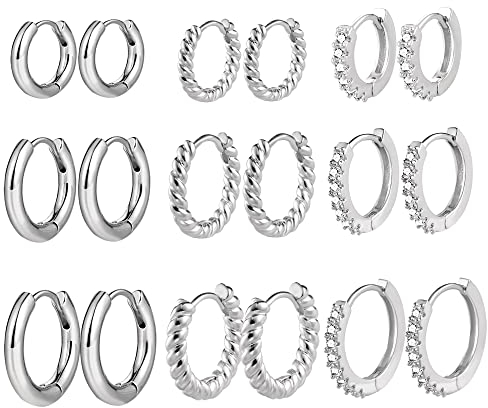 Silber Creolen Ohrringe Set Damen, 9 Paar Silber Creolen Kleine Set, Multipack Zirkonia Twist Klobig Kleine Kreolen Huggies Creolen, Hypoallergen Creolen Piercing Creolen Set für Mehrere Ohrlöcher
