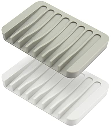 2Pcs Silicone Soap Dish, Auzass Anti-Slip Self Draining Soap Holder, Portable Soap Drainer Dish Tray for Shower, Bathroom, Kitchen, Counter Top, Keep Soap Dry, Easy Cleaning (Grey+White)
