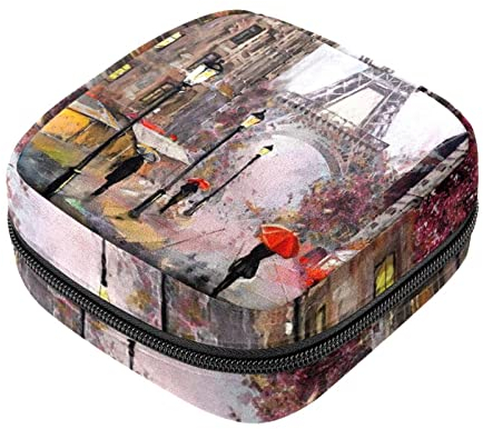 Damenbinden Aufbewahrungstasche, Frankreich Eiffelturm Rot Regenschirm Straße Ölgemälde Menstruationstasse Tasche Tragbare Damenbinden Aufbewahrungstaschen Feminine Menstruation Erste Periode Tasche