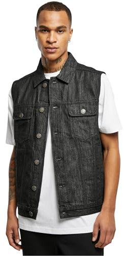 Urban Classics Herren Denim Vest – Jeansweste aus Baumwolle mit Knopfleiste, Brusttaschen und Kragen, ärmellose Weste für Streetwear, Freizeit & Alltag, Black Washed, L
