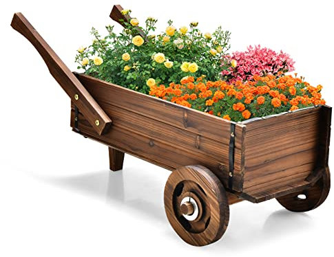 COSTWAY Brouette à Fleurs Jardinière en Bois de Sapin Carbonisé à Roues, Jardinière de Jardin avec Poignée et Trou de Drainage Charge 20KG, pour Patio Jardin Cour, 81 x 40 x 38,5 cm