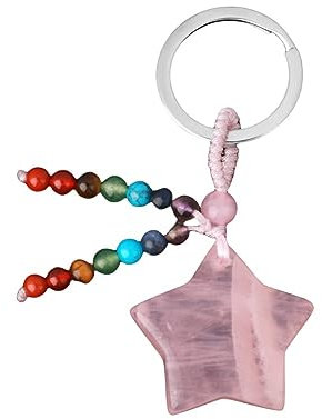 OutFyt Mousqueton Porte Clefporte-Clés Tissé en Pierre De Quartz Rose Naturel, Joli Pendentif Étoile, Porte-Clés De Moto, Pierre Précieuse De Chakra, Cristal De Guérison, Étiquette Porte-Bonheur Pou