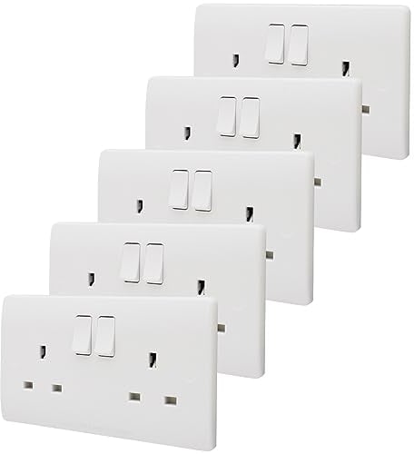 13A Double Switch Plug Socket 2 Gang Wall Outlet x 5 Smooth Edges, WDS13A