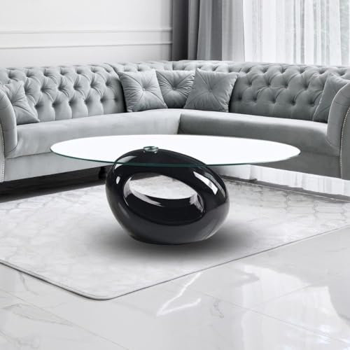 Mesa de centro 115x65 cm con tapa de cristal ovalada y marco negro brillante - Miranda
