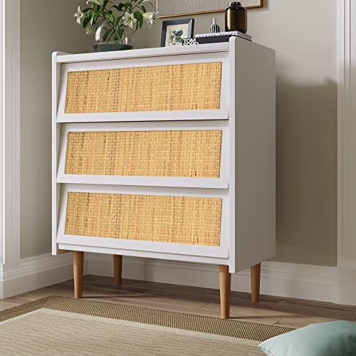 NITCA 2er Set Nachttisch+Schubladenkommode,Kommode Rattan Schubladenkommode Kommode mit Rattangeflecht, Sideboard Highboard Mehrzweckschrank für Schlafzimmer alle Wohnräume -Weiß