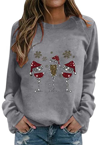 Weihnachtspullover Damen Langarmshirt- Pullover Weihnachten Damen Sweatshirt-Weihnachtsshirt Damen Langarm mit Wichtel Weihnachtsmotiv Tshirt Lustig Weihnachts T-Shirts für Frauen Teenager Mädchen