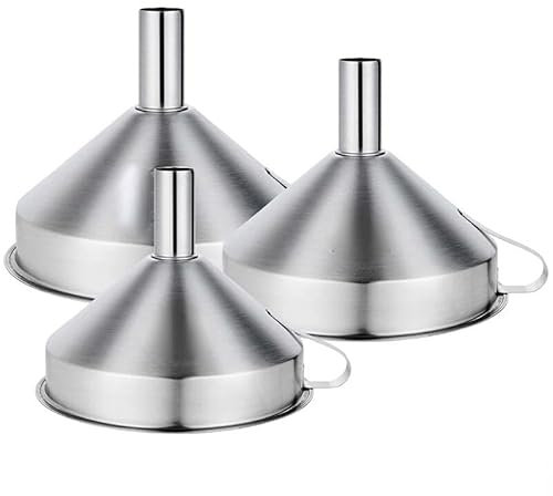 Set di filtri da cucina, 11 cm, 13 cm, 15 cm, imbuto in acciaio inox, ampia apertura con manico per il riempimento di liquidi, liquidi e olio da cucina