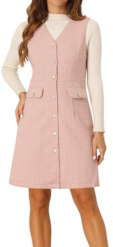 Allegra K Damen Trägerkleid V-Ausschnitt Knopfleiste Taschen Vintage Ärmellos Plaid Tweed Kleid, Pink, X-Groß