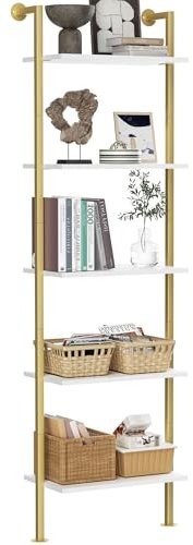 Acovy 5-Tier Bookshelf - Solid Wood Narrow Ladder Shelf, Wall Mount Bookcase, Storage Rack for Living Room, Bedroom, Bathroom - White and Gold