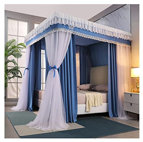 Blaues Betthimmel-Moskitonetz für Einzelbett, Mädchen-Prinzessinnenzimmer, romantische Schlafzimmerdekoration, 4 Eckpfostenbettvorhänge (Größe: 180 x 200 x 200 cm) (einfarbig 180 x 200 x 200 cm)