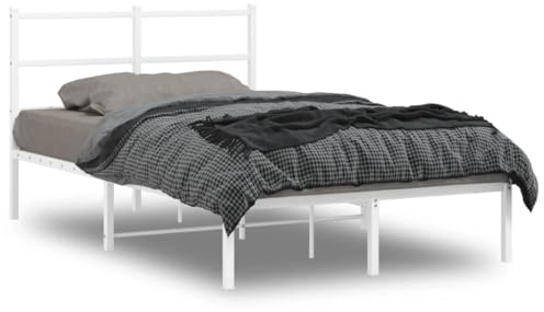 vidaXL White Metal Bed Frame with Headboard - 120x190 cm Small Double Size, Powder-Coated Steel, with Metal Slats & Under-Bed Storage