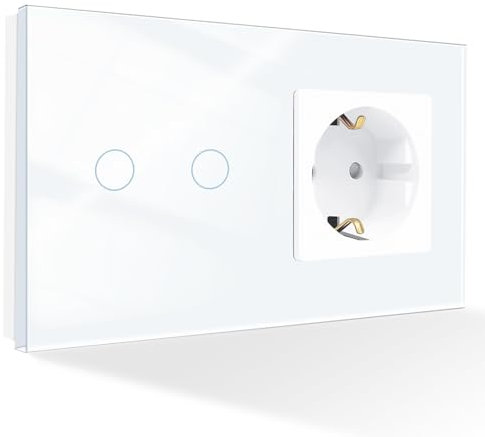 PANGTZEEN Interruttore della luce touch con presa a 2 scomparti, 1 via, 16 A, 100 ~ 240 V, in vetro temperato, 10 A, interruttore per luce da incasso, bianco, per soggiorno, camera da letto, cucina,