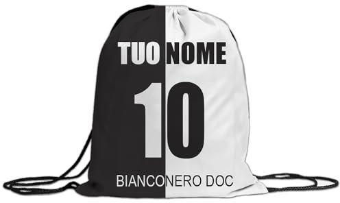 MOCHEIA SHOP Sacca a zaino per Palestra, Calcio, realizzata in Ottimo Poliestere, misura 30x40 cm, idea regalo tifoso Juventino, Personalizzabile con nome e numero