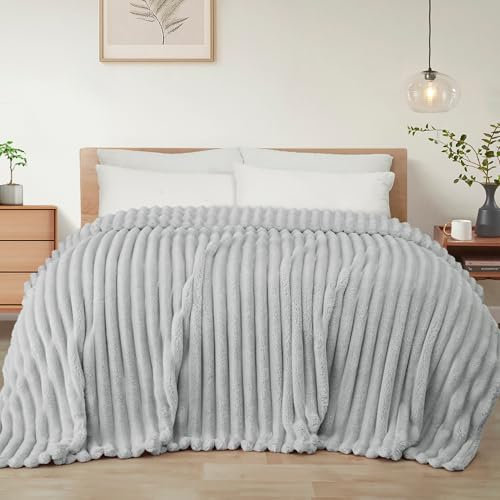 Exclusivo Mezcla Coperta Plaid Pile di Flanella per Divano, 230x270 CM Coperta Letto Matrimoniale con Righe Jacquard, Accogliente e Leggero, Grigio chiaro