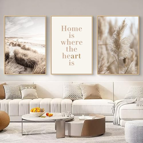 Viusneun Moderne 3er Poster Set, Beige Boho Pampas Gras Strand Bilder Zimmer Wanddeko, Leinwand Bilder für Wohnzimmer Schlafzimmer Esszimmer Wandbild Deko - ohne Rahmen (30x40cm)